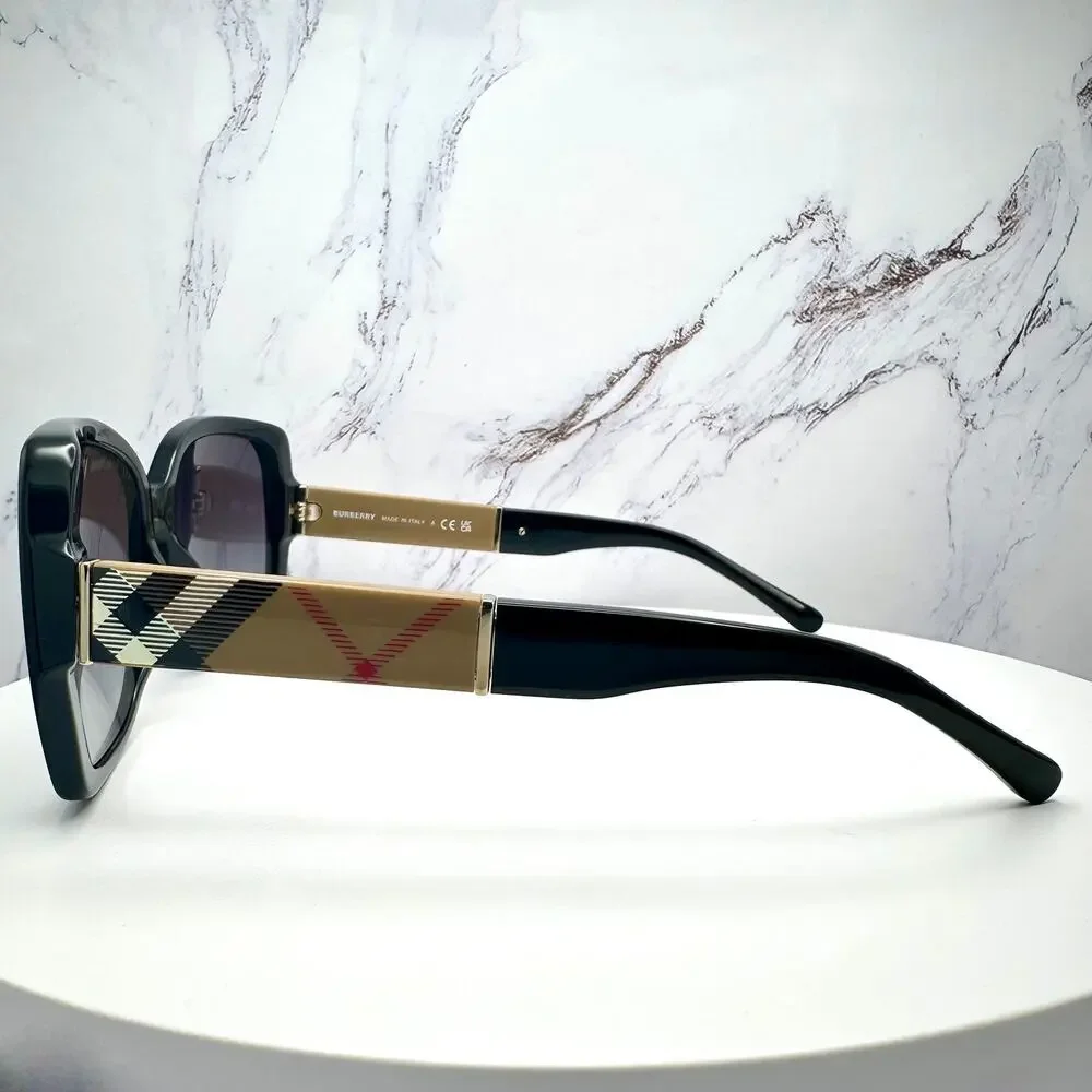 New Burberry Sunglasses Black Square Frames Checkered Arms Gradient BURBERRY